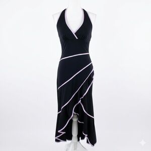 Vtg La Belle Y2K Black & Lavender Halter Ruffle Mermaid Hem Maxi Dress M